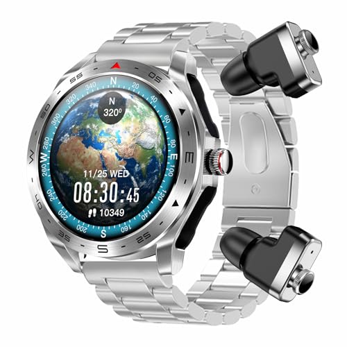 JUSUTEK 2025 人気 高級スマートウォッチ+TWSイヤホン2-in-1,1.52インチ丸型全金属腕時計,歩数計,両耳イヤホン,Bluetooth5.0,通話機能付き,電卓,呼吸訓練,DIY文字盤,消費カロリー,着信電話,Line通知,iphone&アンドロイド対応,お贈り物,日本語説明書 (銀鋼)